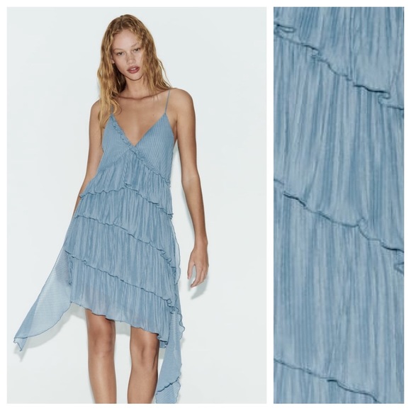 🌹NWT. Zara Light Blue Pleated Asymmetric V-Neck Mini Dress. Size L. - Picture 2 of 13